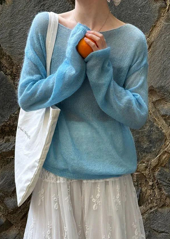 Fitted Blue Slash Neck Knit Pullover Spring - Image 2