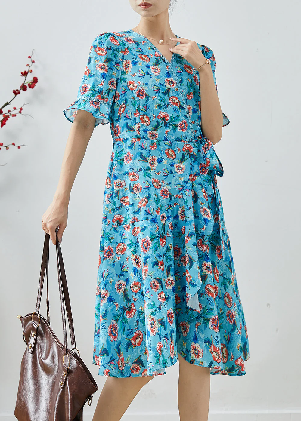 Fitted Blue Tie Waist Print Chiffon Party Dress Summer - Image 2