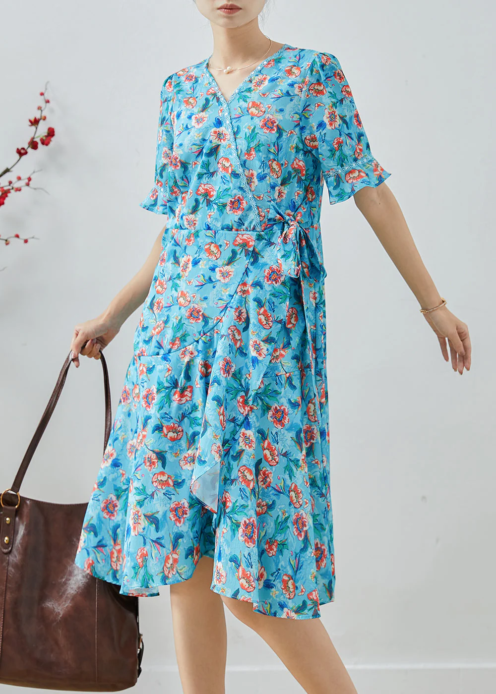 Fitted Blue Tie Waist Print Chiffon Party Dress Summer - Image 3