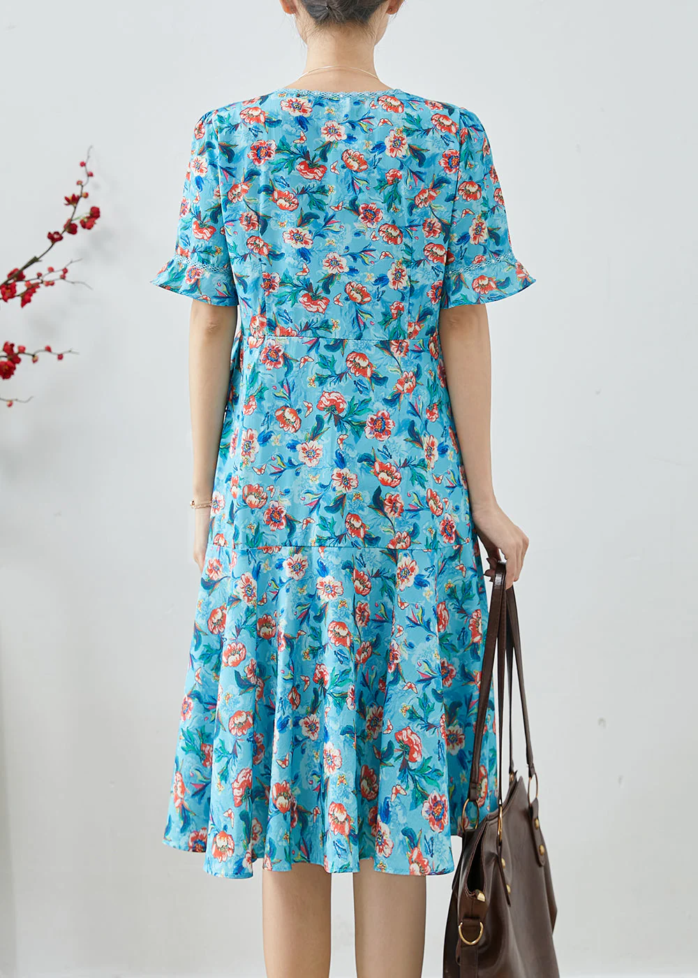 Fitted Blue Tie Waist Print Chiffon Party Dress Summer - Image 4