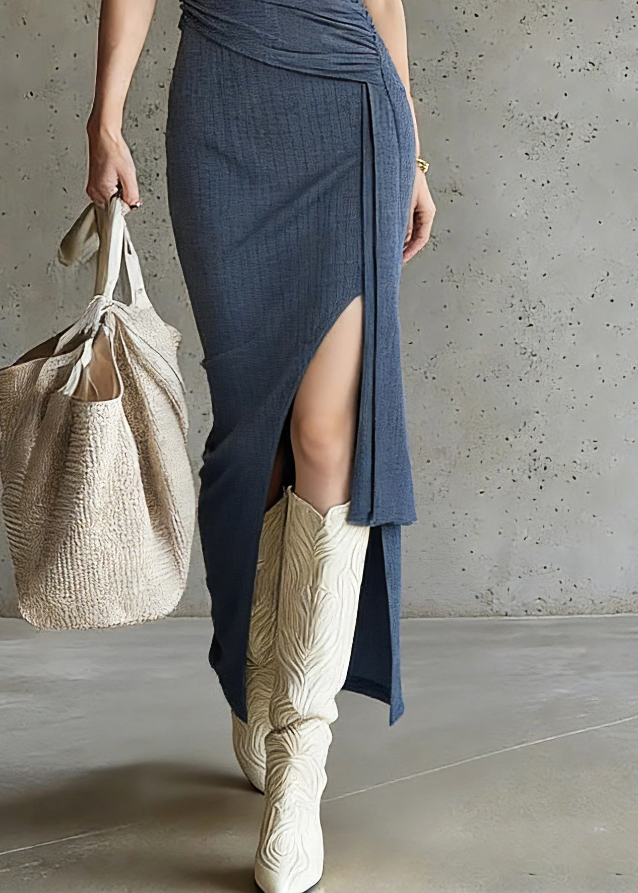 Fitted Blue U Neck Asymmetrical Wrinkled Maxi Dress Sleeveless - Image 4