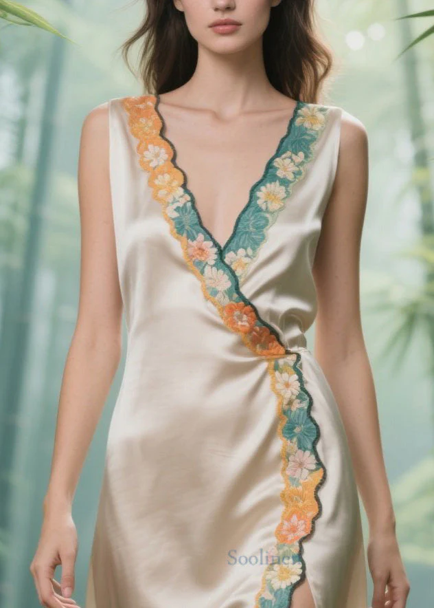 Fitted Champagne Patchwork Side Open Silk Day Dress Sleeveless - Image 2