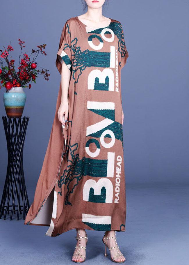 Fitted Chocolate Print Side open Silk Summer Maxi Dresses