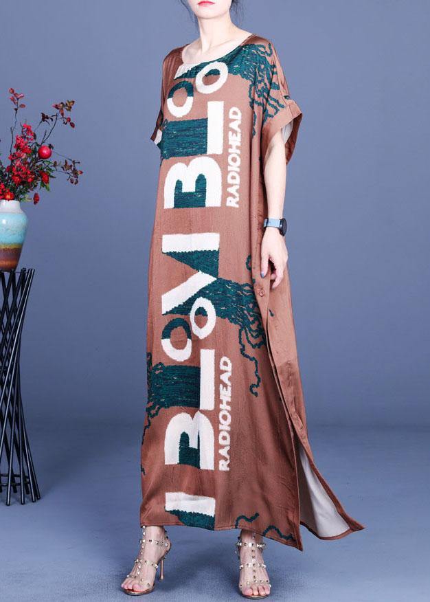 Fitted Chocolate Print Side open Silk Summer Maxi Dresses - Image 2