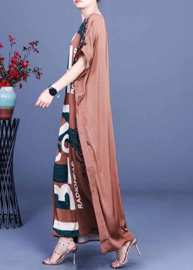 Fitted Chocolate Print Side open Silk Summer Maxi Dresses - Image 3
