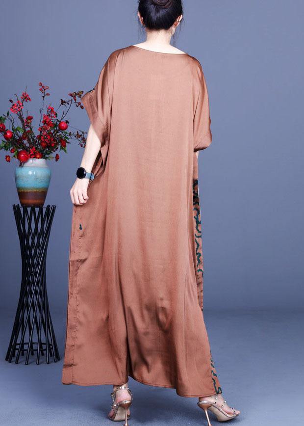 Fitted Chocolate Print Side open Silk Summer Maxi Dresses - Image 4