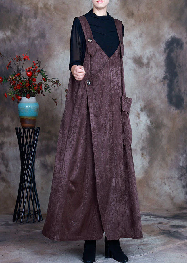 Fitted Chocolate Asymmetrical Pockets Velour Dress Sleeveless - Image 2