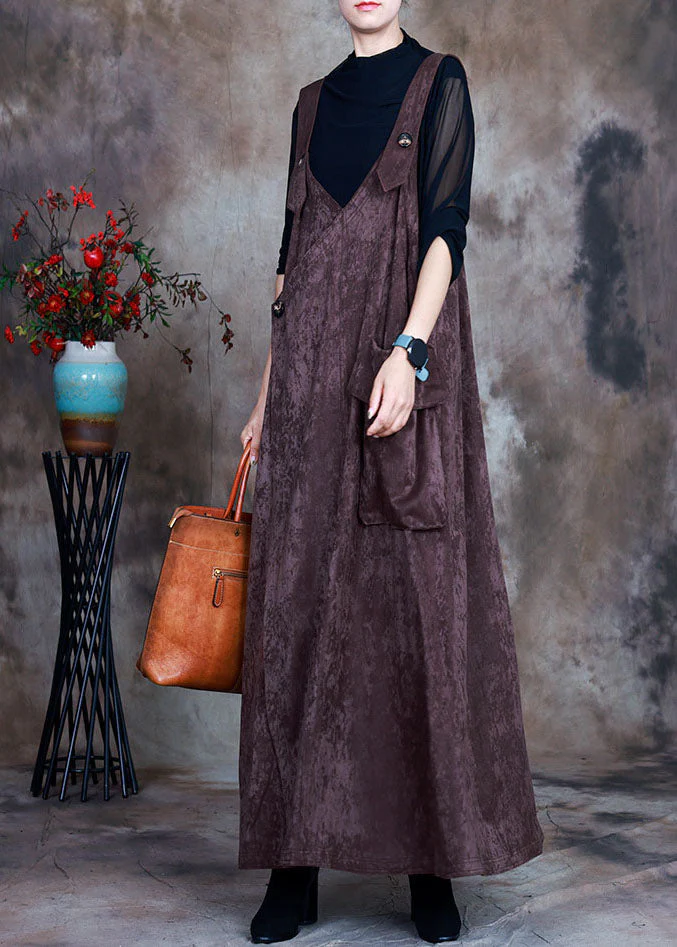 Fitted Chocolate Asymmetrical Pockets Velour Dress Sleeveless - Image 3