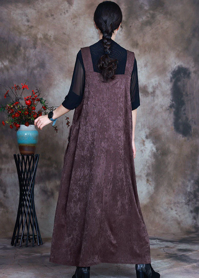 Fitted Chocolate Asymmetrical Pockets Velour Dress Sleeveless - Image 4