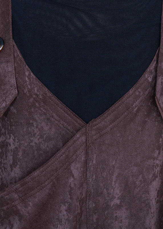Fitted Chocolate Asymmetrical Pockets Velour Dress Sleeveless - Image 5