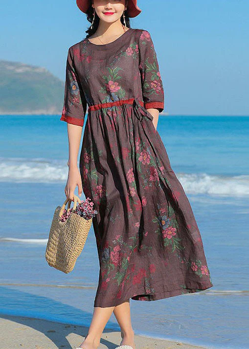 Fitted Chocolate O-Neck Tie Waist Patchwork Print Linen Dress Half Sleeve - Image 2