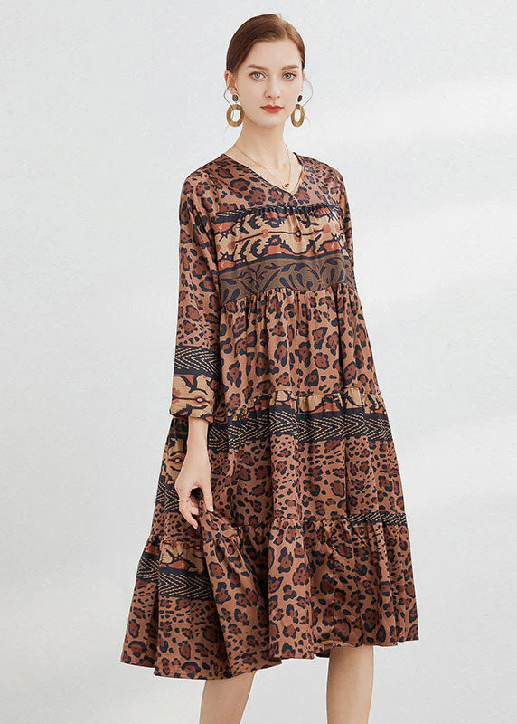 Fitted Chocolate V Neck Print Satin Dress Spring - Image 2
