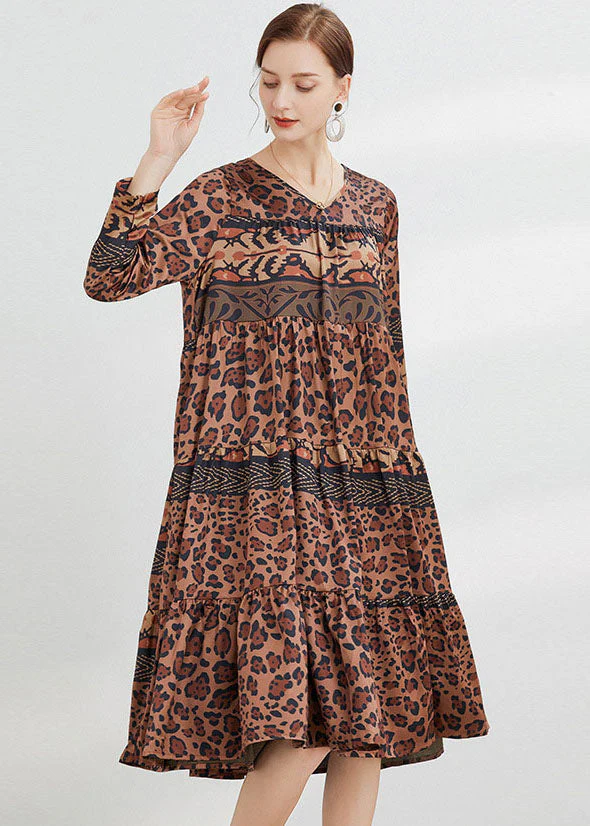 Fitted Chocolate V Neck Print Satin Dress Spring - Image 3