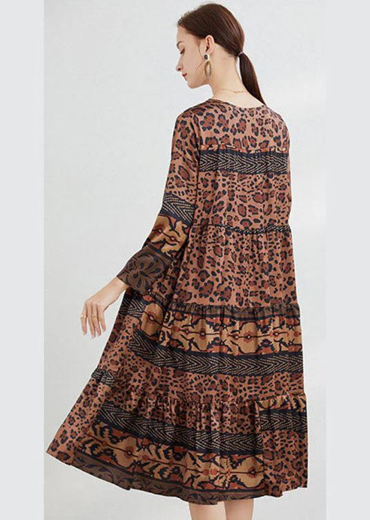 Fitted Chocolate V Neck Print Satin Dress Spring - Image 4