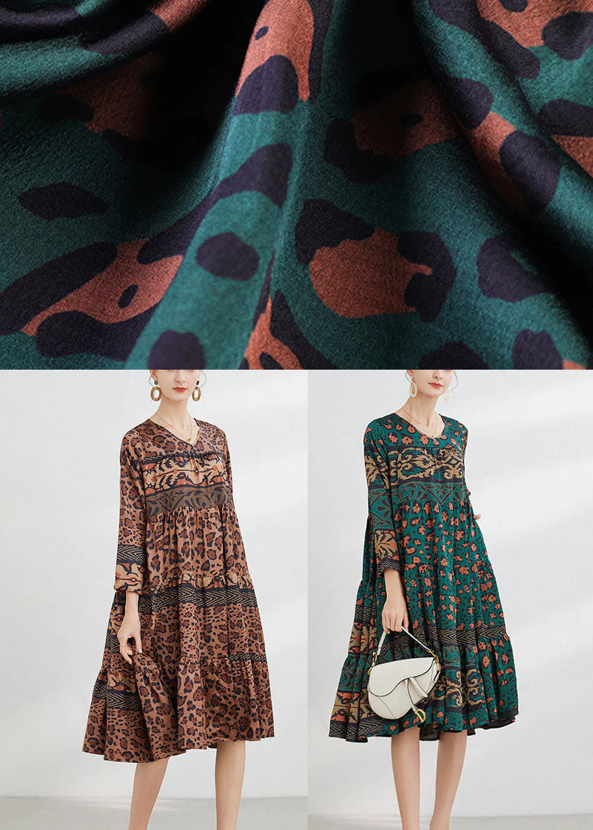 Fitted Chocolate V Neck Print Satin Dress Spring - Image 5