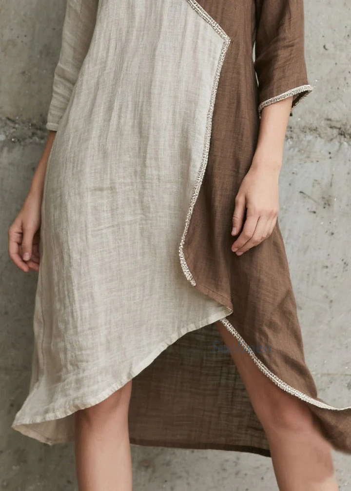Fitted Colorblock Asymmetrical Patchwork Cotton Holiday Dress Bracelet Sleeve - Image 4