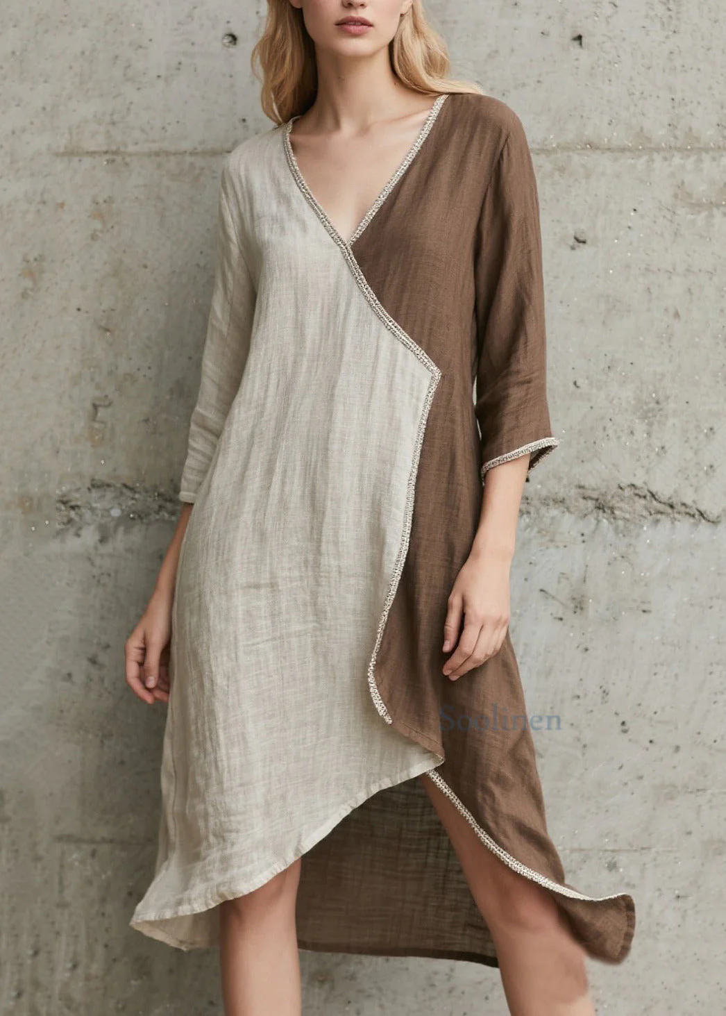 Fitted Colorblock Asymmetrical Patchwork Cotton Holiday Dress Bracelet Sleeve - Image 5