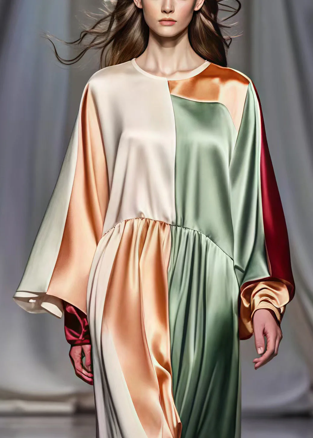 Fitted Colorblock Asymmetrical Patchwork Silk Long Dresses Spring - Image 3