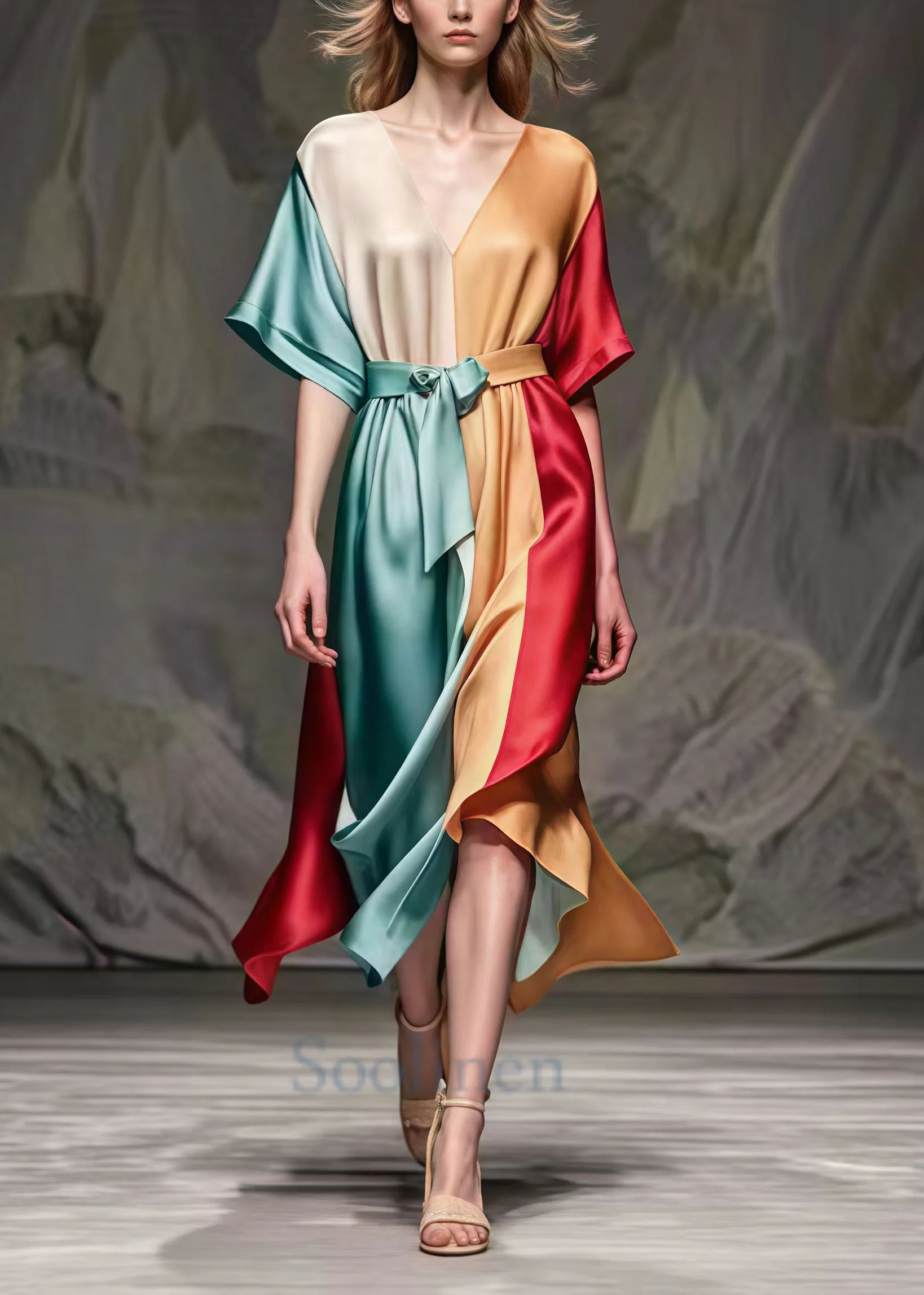 Fitted Colorblock Cinched Patchwork Silk Party Dress Summer - Image 2
