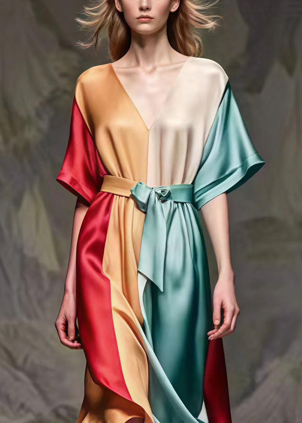 Fitted Colorblock Cinched Patchwork Silk Party Dress Summer - Image 3