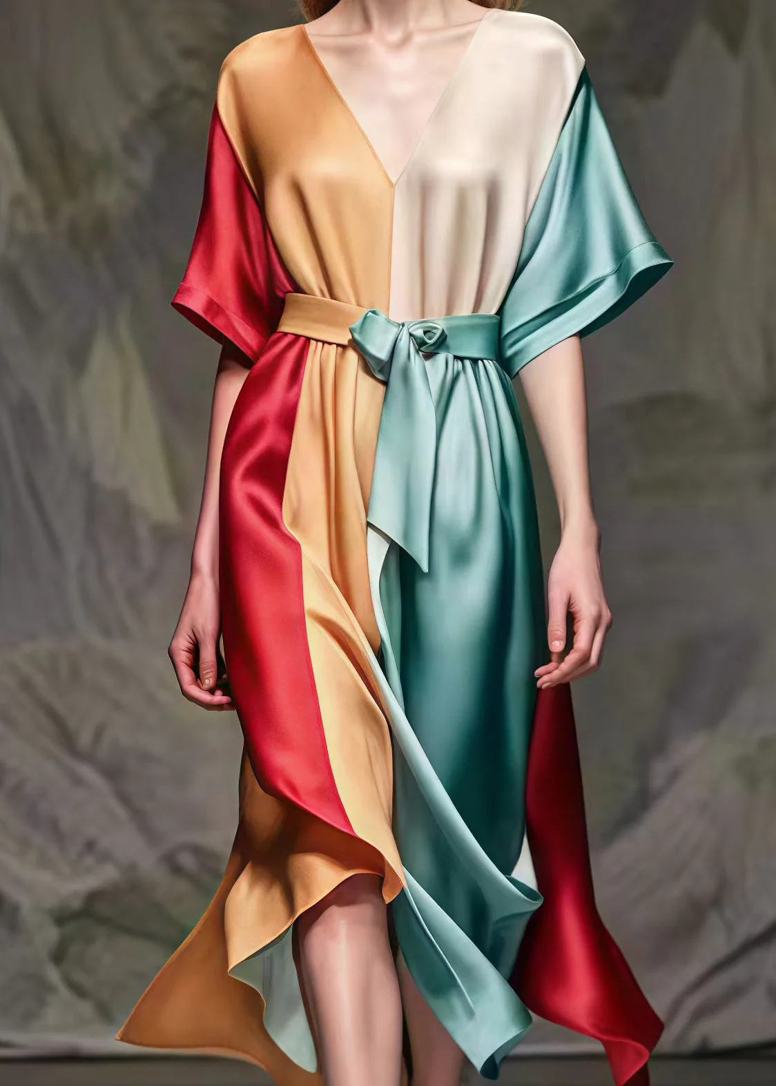Fitted Colorblock Cinched Patchwork Silk Party Dress Summer - Image 4