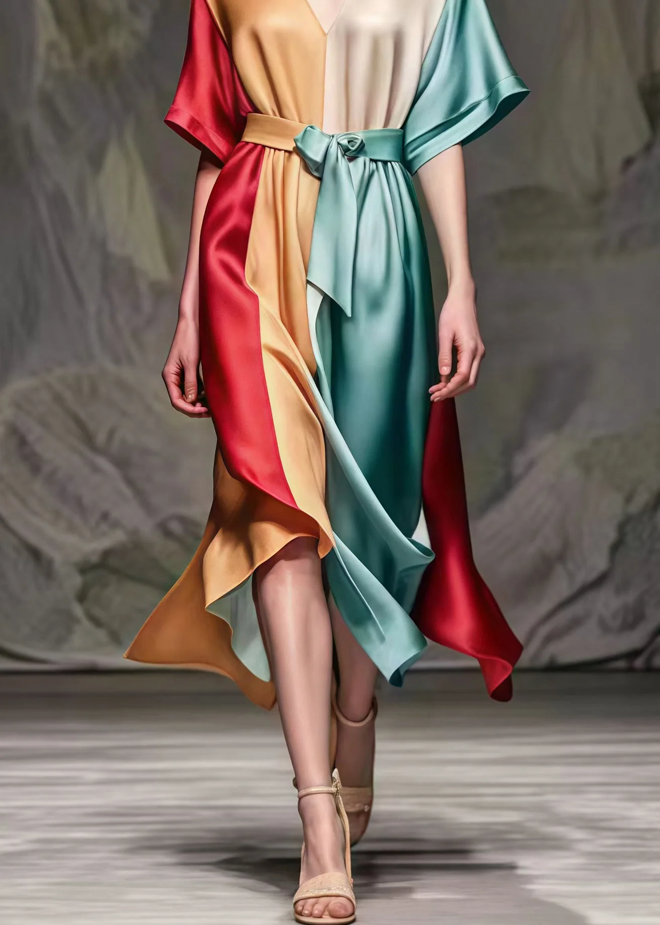 Fitted Colorblock Cinched Patchwork Silk Party Dress Summer - Image 5