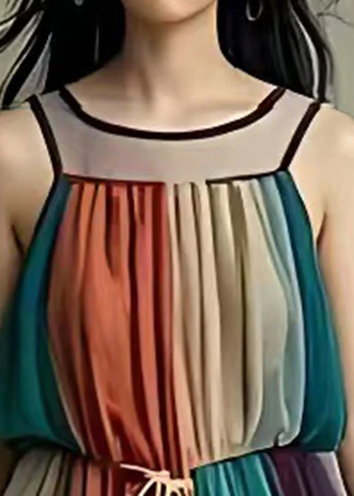 Fitted Colorblock Cold Shoulder Tie Waist Tulle Maxi Dresses Summer - Image 2