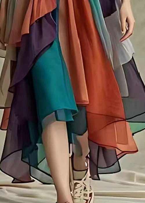 Fitted Colorblock Cold Shoulder Tie Waist Tulle Maxi Dresses Summer - Image 5