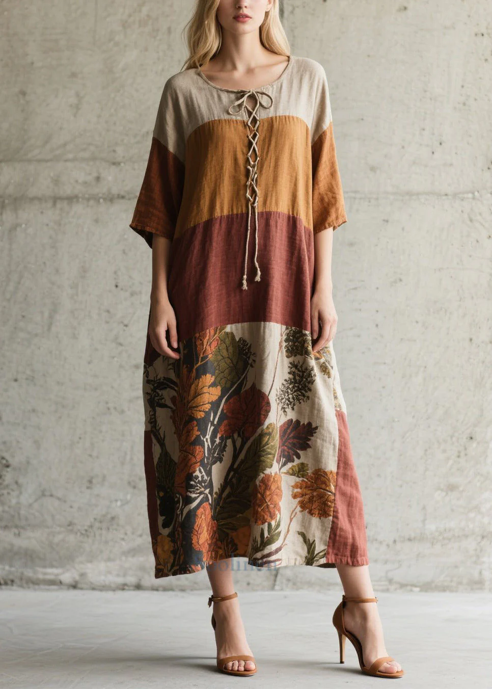 Fitted Colorblock Cross Strap Print Cotton Robe Dress Summer