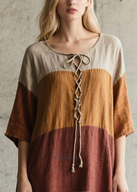 Fitted Colorblock Cross Strap Print Cotton Robe Dress Summer - Image 2