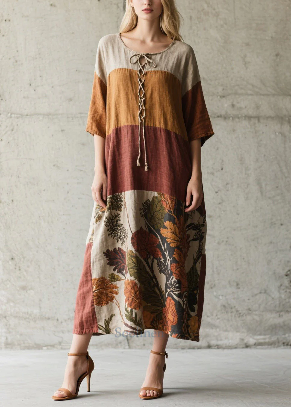 Fitted Colorblock Cross Strap Print Cotton Robe Dress Summer - Image 3
