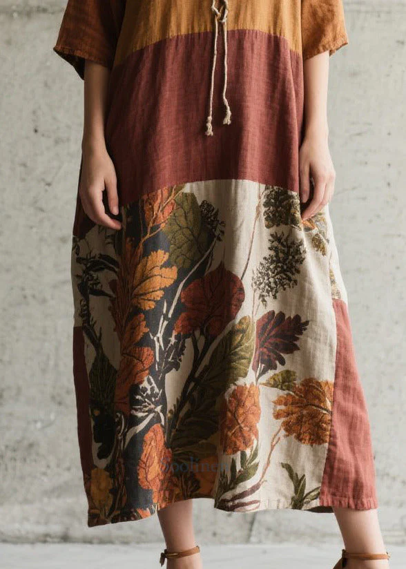 Fitted Colorblock Cross Strap Print Cotton Robe Dress Summer - Image 4