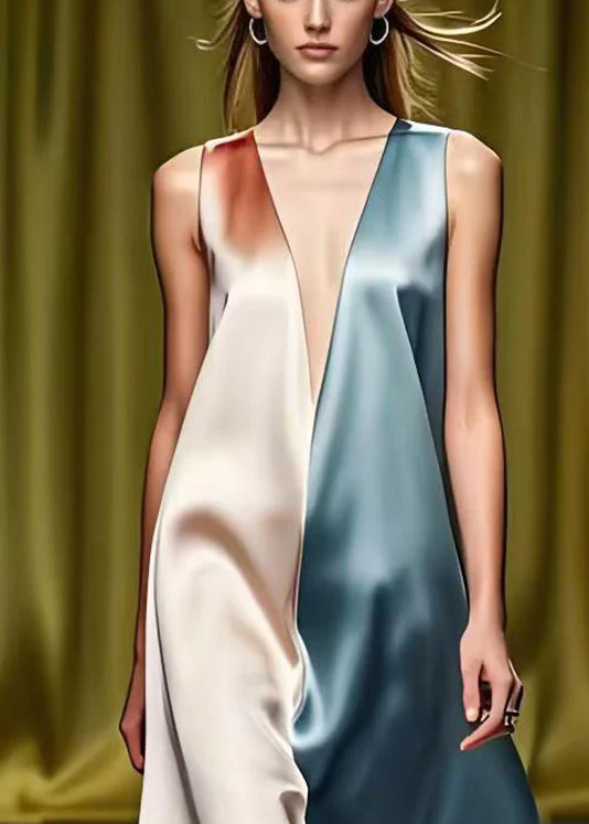 Fitted Colorblock Deep-V Neck Patchwork Silk Mid Dress Summer - Image 3