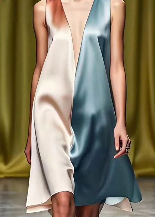Fitted Colorblock Deep-V Neck Patchwork Silk Mid Dress Summer - Image 4