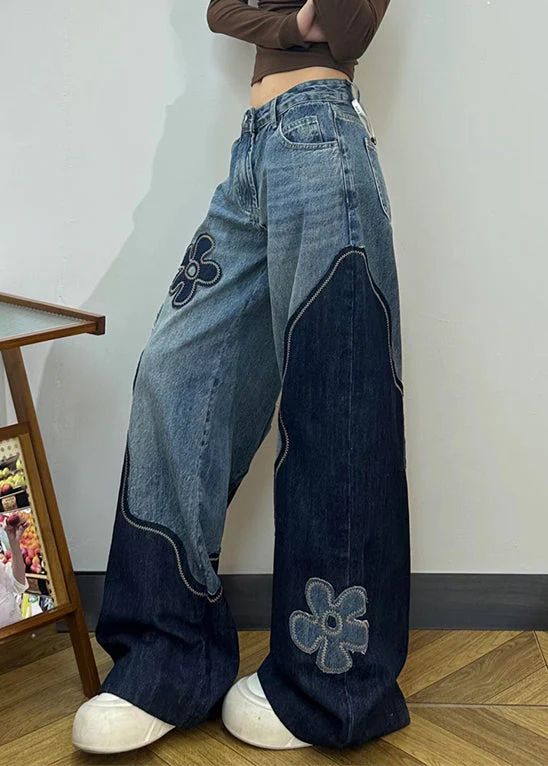 Fitted Colorblock Embroidered Floral Denim Straight Pants Spring