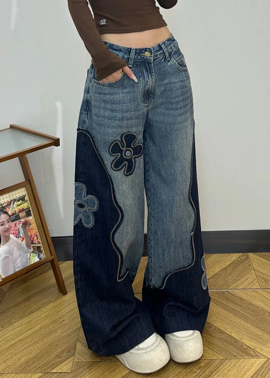 Fitted Colorblock Embroidered Floral Denim Straight Pants Spring - Image 2
