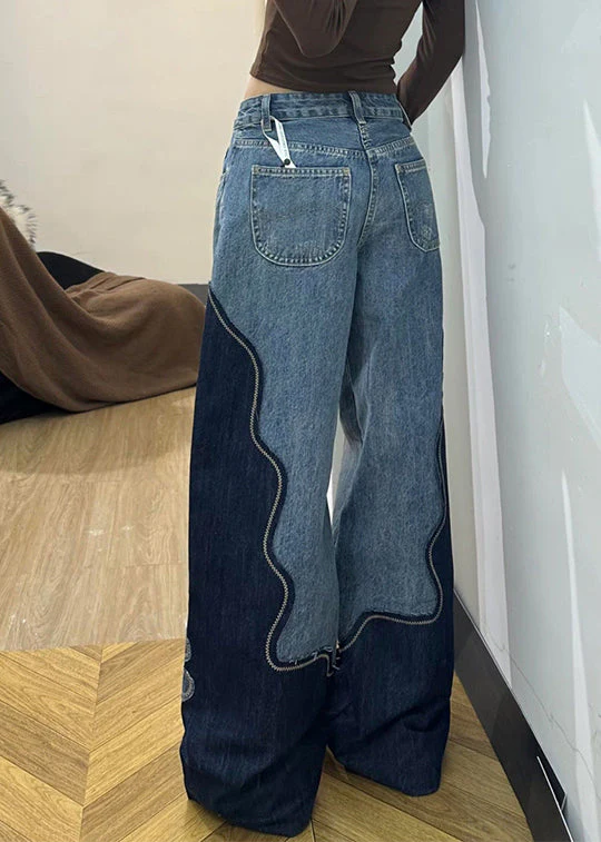 Fitted Colorblock Embroidered Floral Denim Straight Pants Spring - Image 3