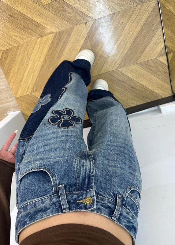 Fitted Colorblock Embroidered Floral Denim Straight Pants Spring - Image 5