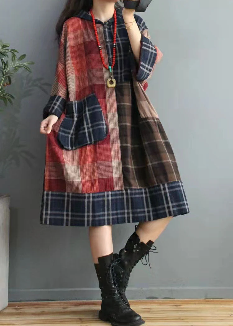 Fitted Colorblock Plaid asymmetrical design Cotton Linen Holiday Dress Summer - Image 4