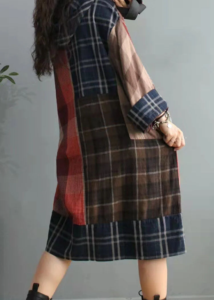 Fitted Colorblock Plaid asymmetrical design Cotton Linen Holiday Dress Summer - Image 5