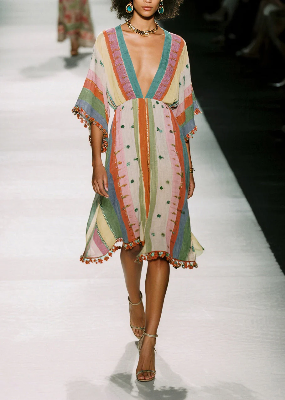Fitted Colorblock V Neck Print Cotton Mini Dress Summer - Image 3