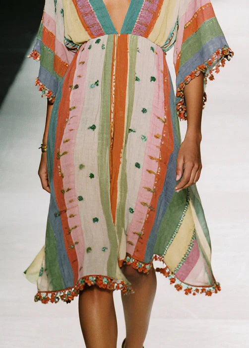 Fitted Colorblock V Neck Print Cotton Mini Dress Summer - Image 4