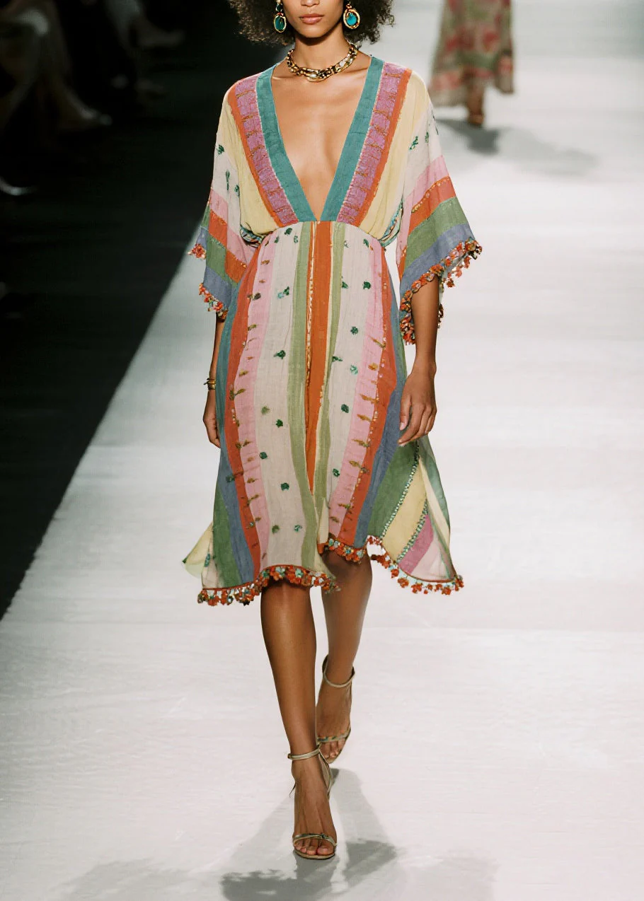 Fitted Colorblock V Neck Print Cotton Mini Dress Summer - Image 5