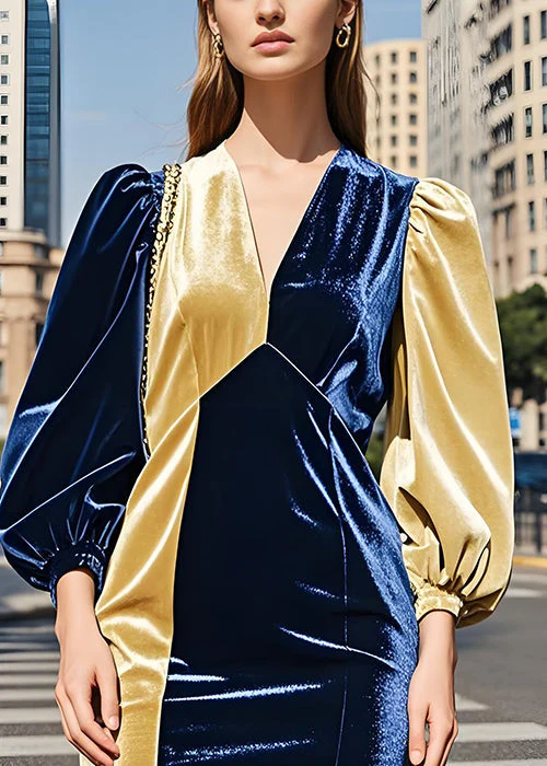 Fitted Colorblock V Neck Velvet Mid Dress Lantern Sleeve - Image 3
