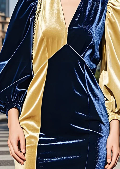 Fitted Colorblock V Neck Velvet Mid Dress Lantern Sleeve - Image 4