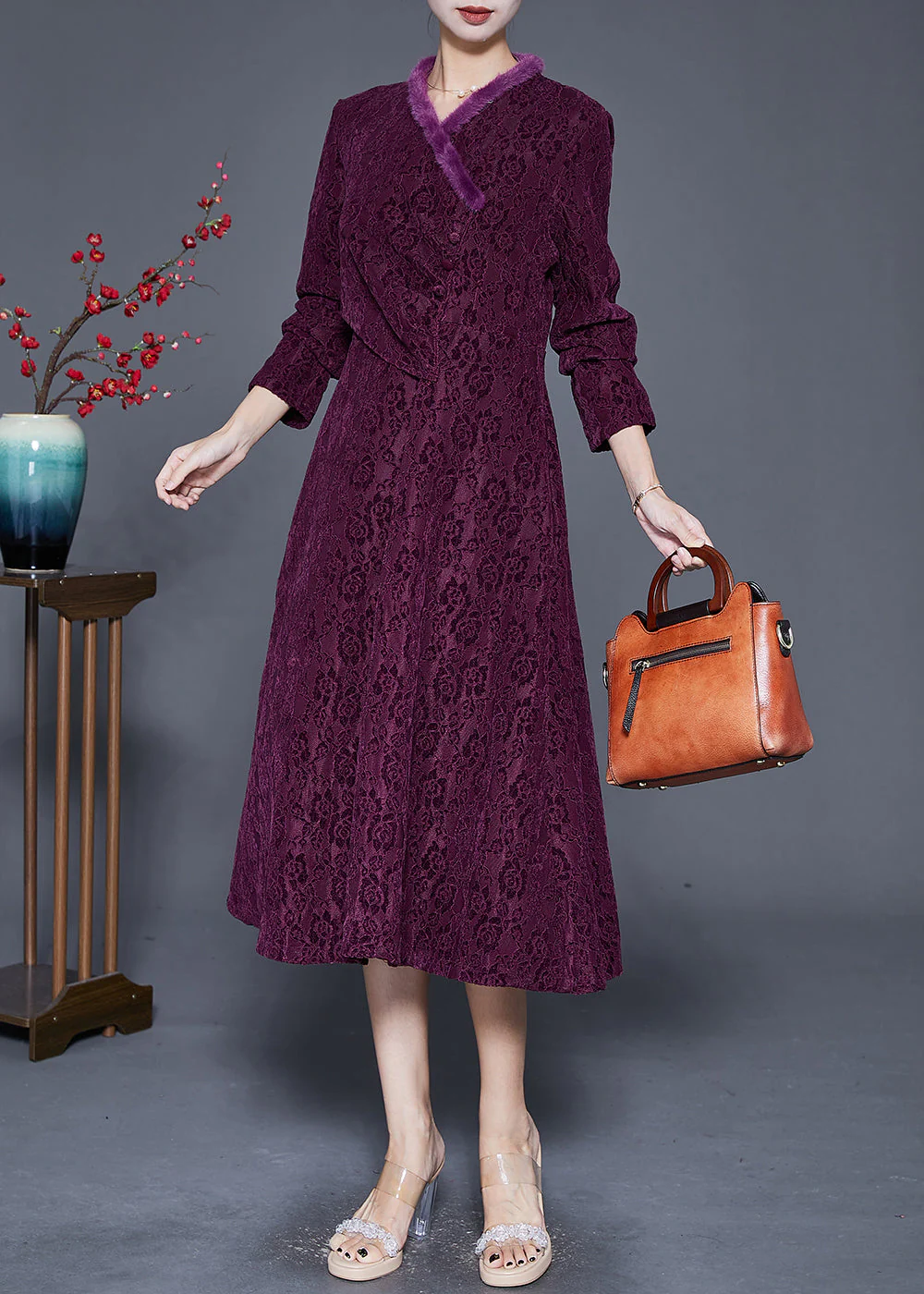 Fitted Dark Purple Jacquard Slim Fit Warm Fleece Long Dress Fall - Image 2