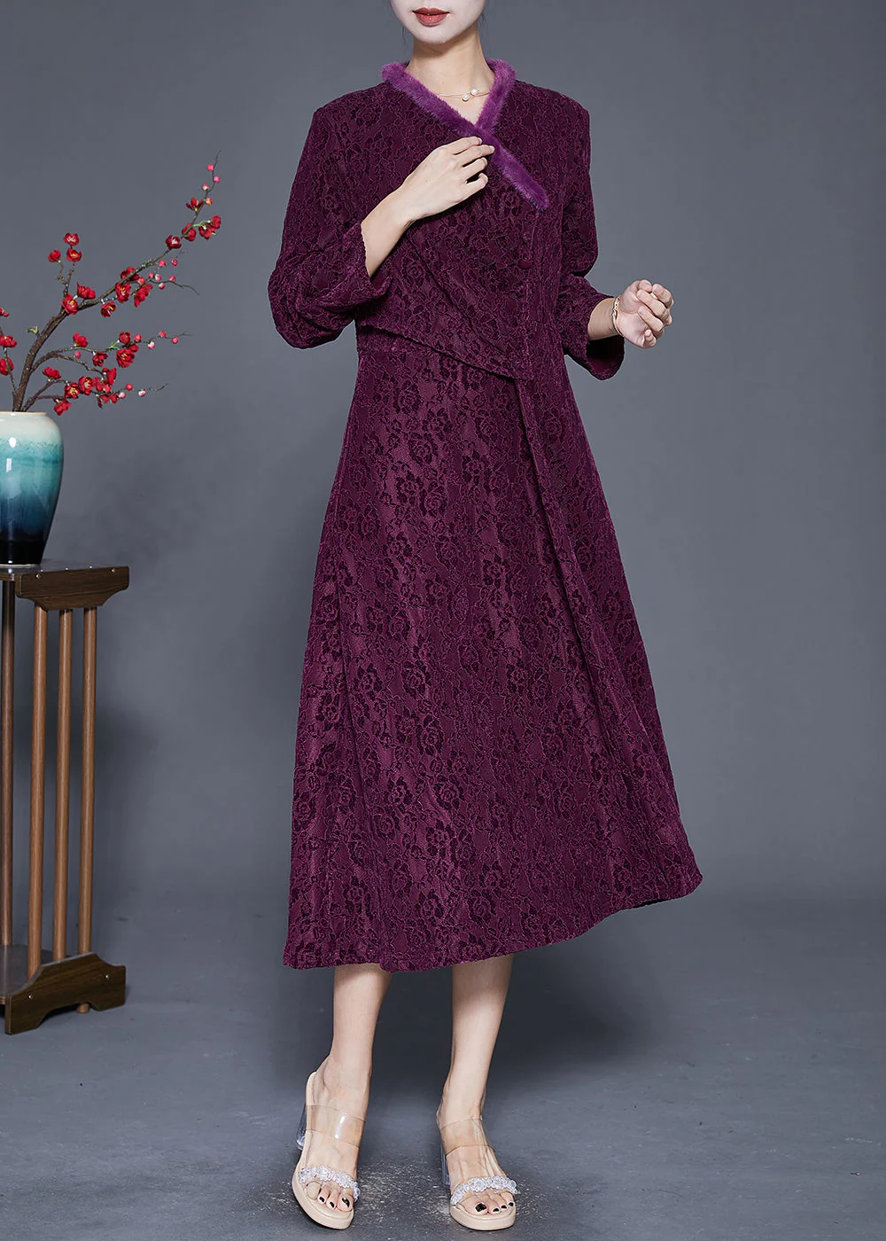 Fitted Dark Purple Jacquard Slim Fit Warm Fleece Long Dress Fall - Image 3