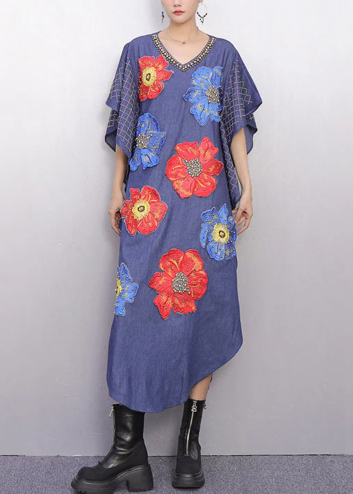 Fitted Denim Blue Floral Nail Bead Maxi Dresses Batwing Sleeve - Image 2