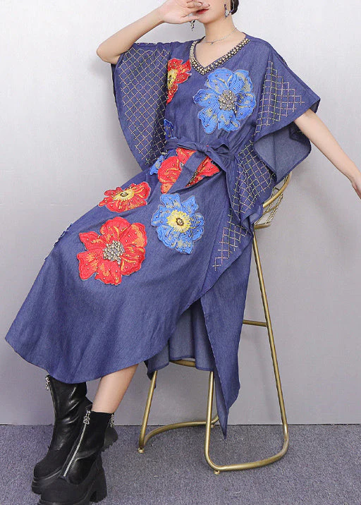 Fitted Denim Blue Floral Nail Bead Maxi Dresses Batwing Sleeve - Image 3