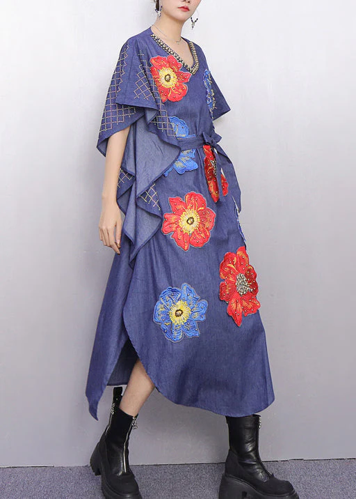 Fitted Denim Blue Floral Nail Bead Maxi Dresses Batwing Sleeve - Image 4